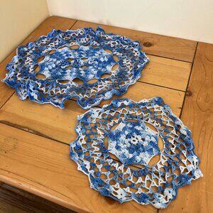Blue Delft Lace Doily Vintage Hand Crochet Centerpiece Doilies Set of 2